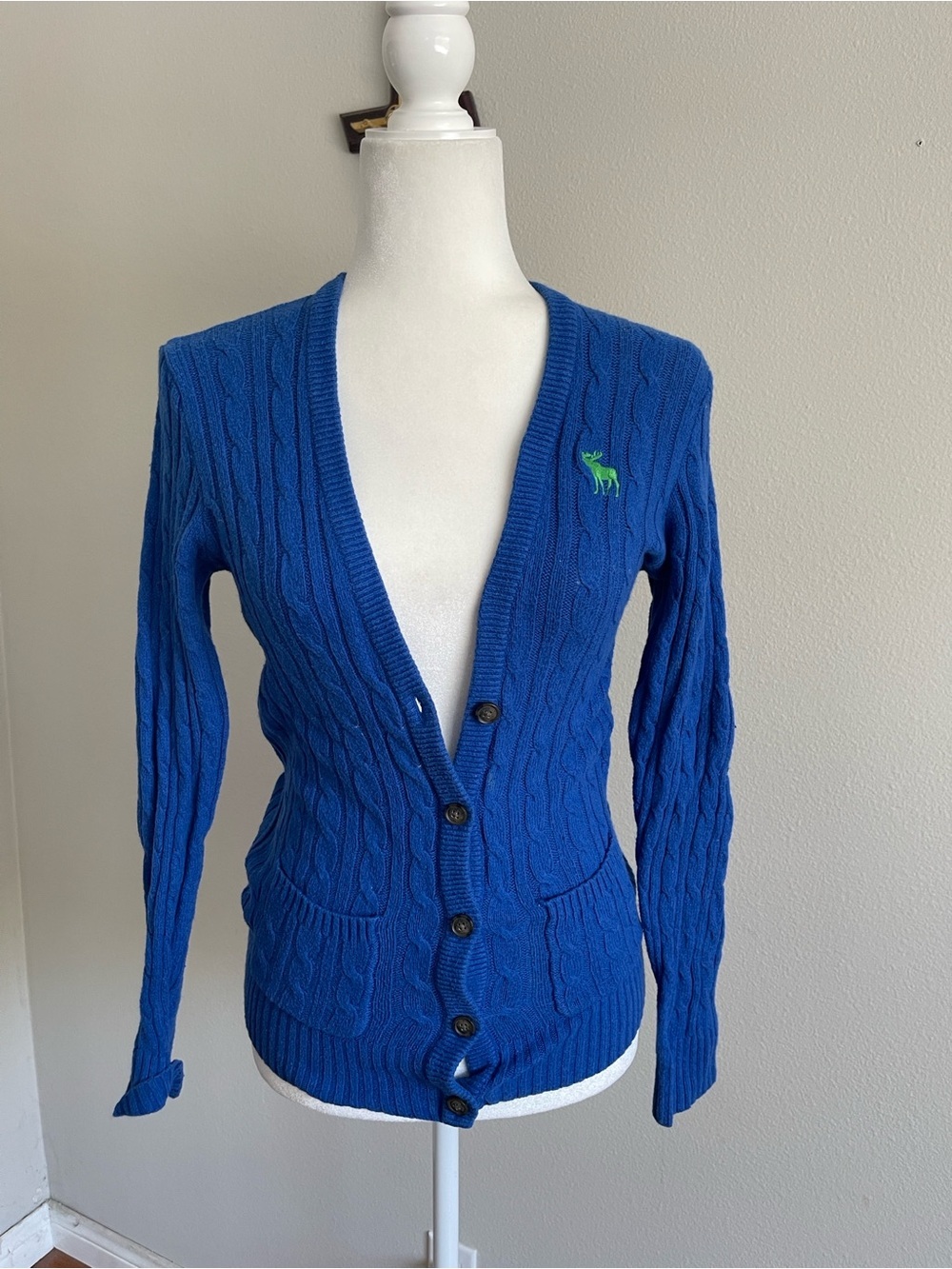 Abercrombie & Fitch Royal Blue Cable-Knit V-Neck Cardigan with Green Logo